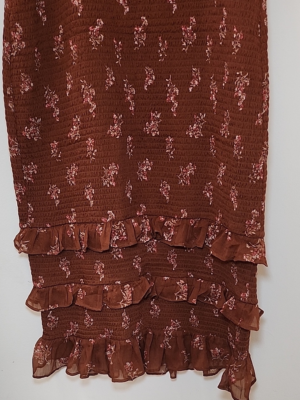 Abercrombie&Fitch Tie-Strap Smocked Mid Dress Chocolate brown floral print Sz XL - Picture 10 of 16